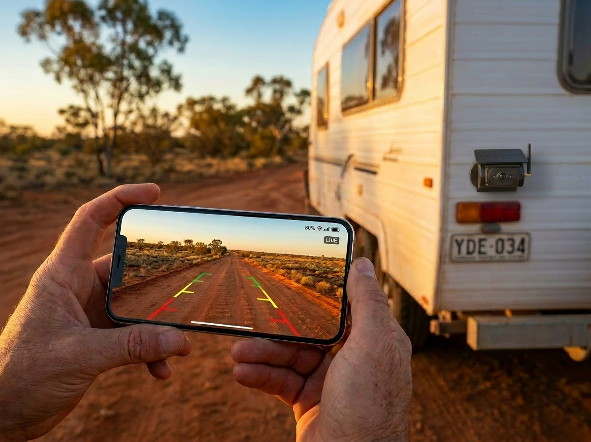 Setting up the reverse camera — smartphone showing live rear view from the caravan